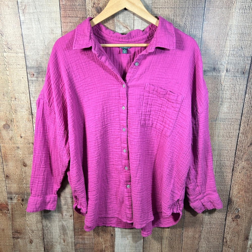 Terra & Sky Magenta Pink Cotton Crinkle Gauze Button Down Shirt Plus Size 2X